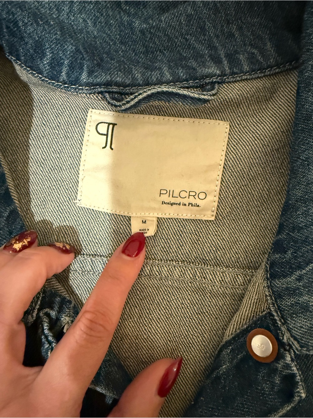 Pilcro Dark Blue Denim Jacket with Teal Quilted Patterned Sleeves - Picture 4 of 4